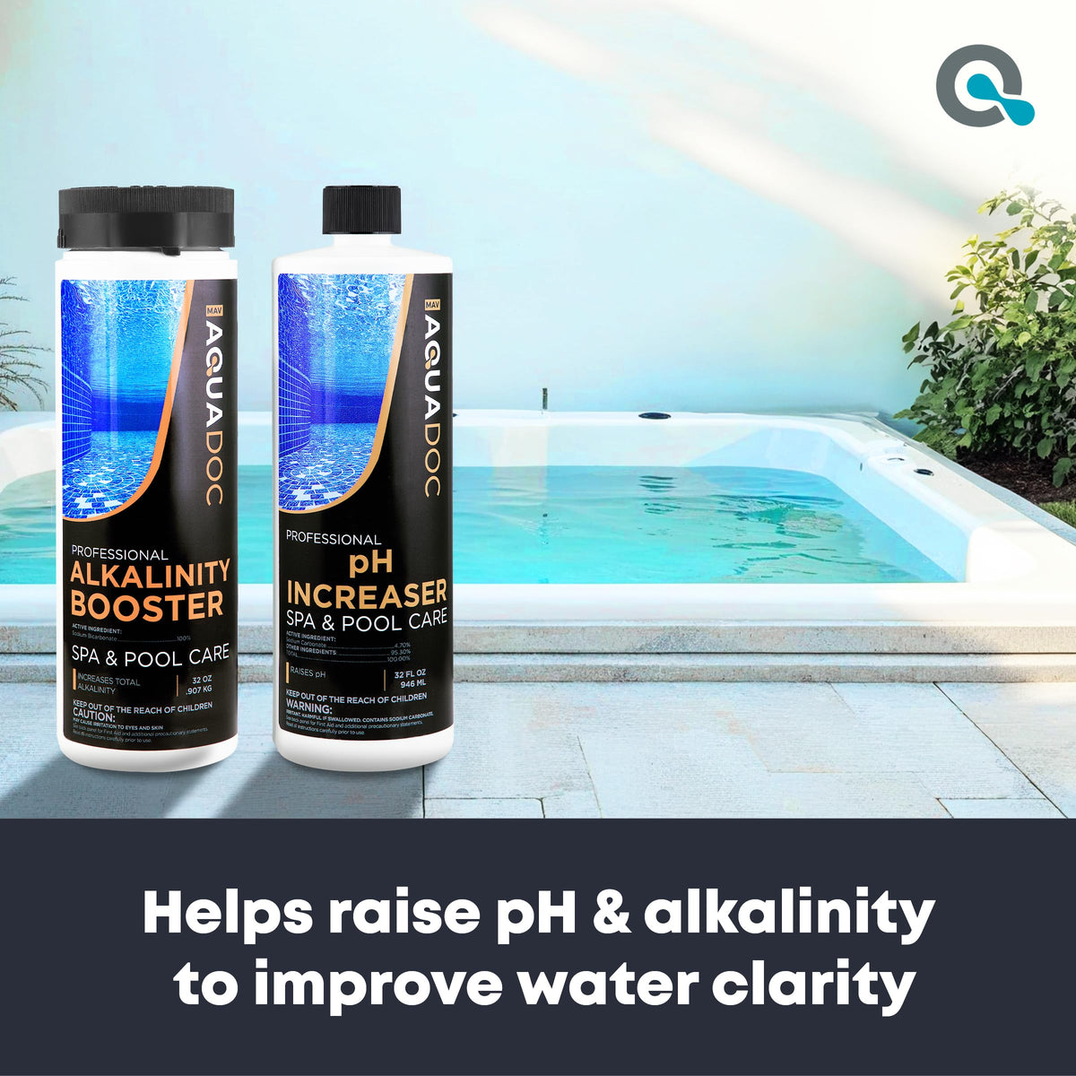 AquaDoc Spa Alkalinity Up bottle label close-up showing stable spa chemistry.