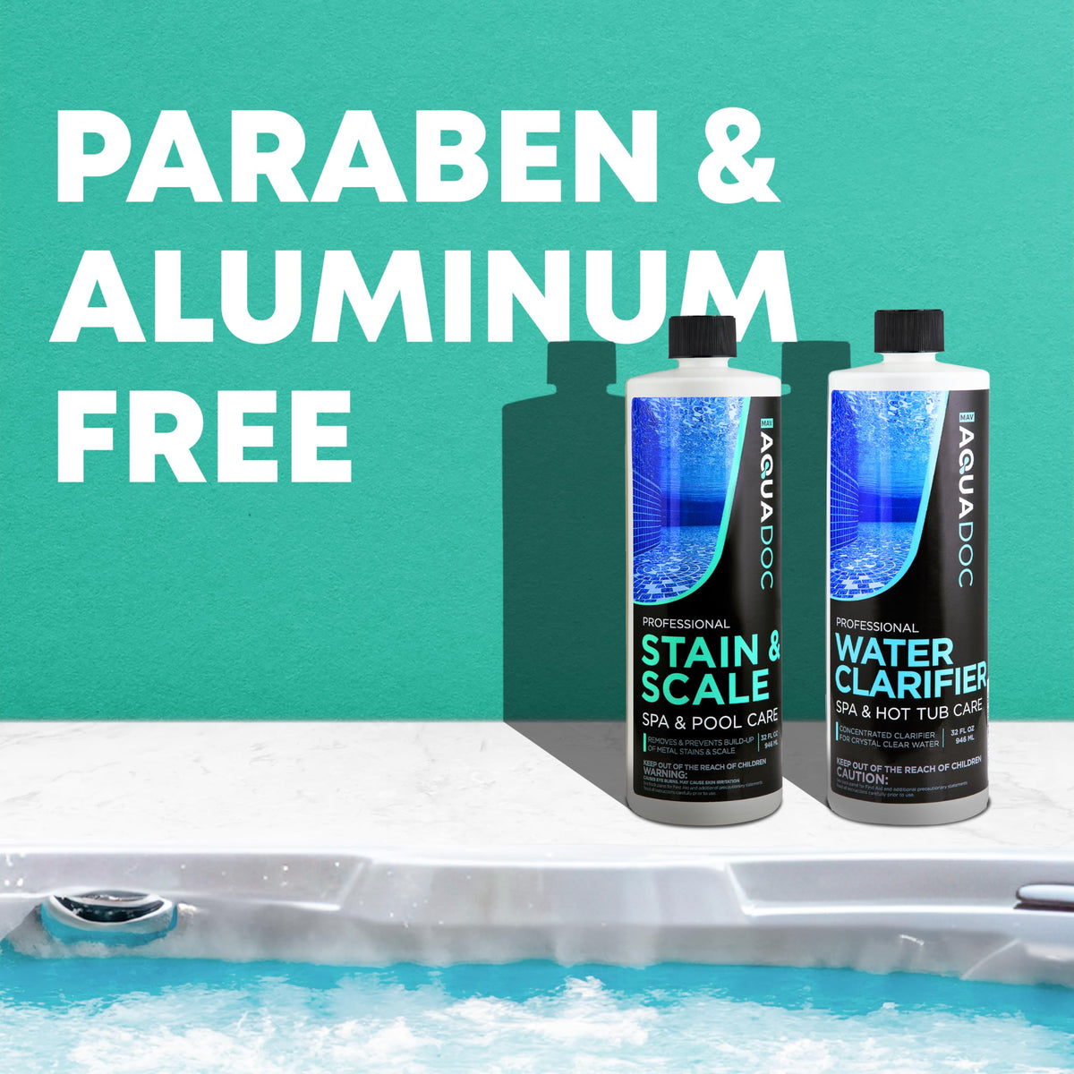 MAV AquaDoc spa care bundle display with two 32oz bottles