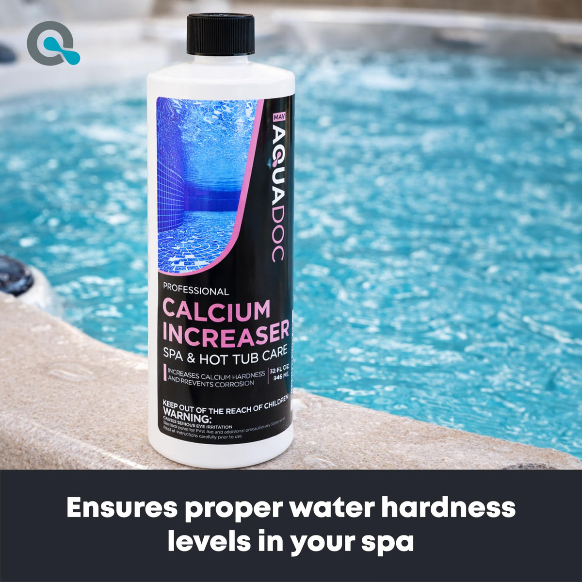AquaDoc Spa Calcium Hardness Increaser bottle label highlights quick-dissolving granules