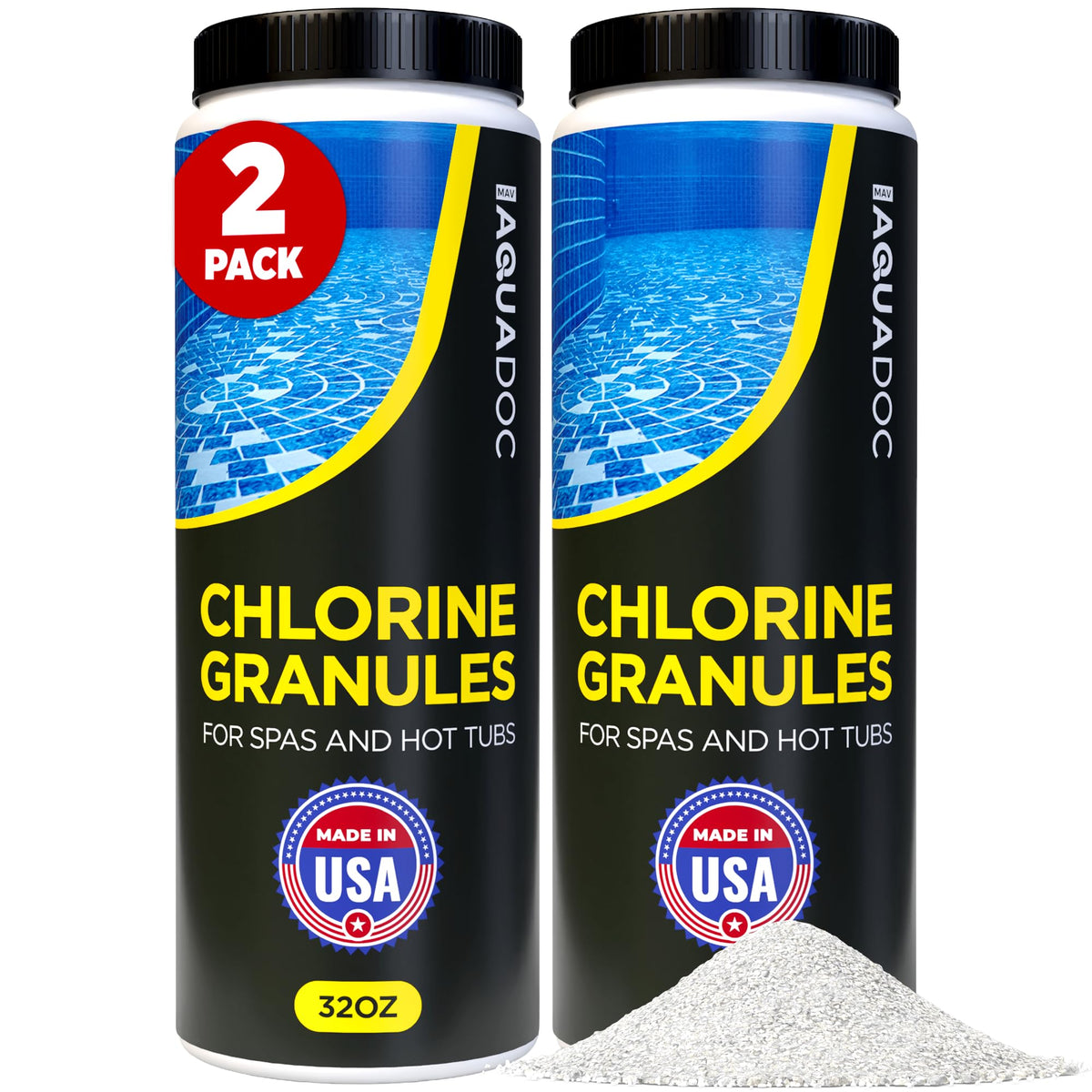 MAV AquaDoc spa chlorine bottle pour demonstrates quick sanitizer action for clean water.