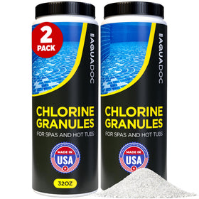 MAV AquaDoc spa chlorine bottle pour demonstrates quick sanitizer action for clean water.