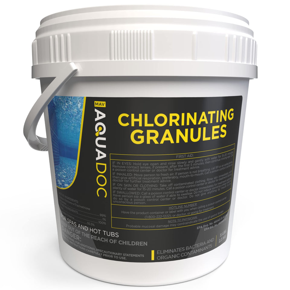 MAV AquaDoc spa chlorine granules dissolve quickly to keep hot tub water clean and balanced.