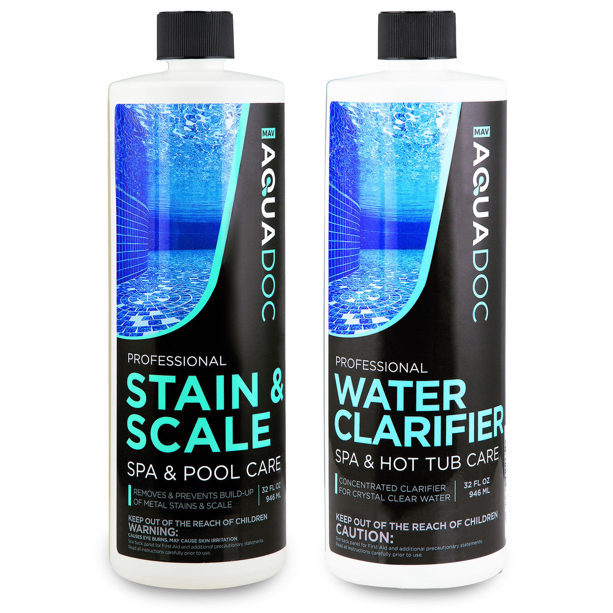 MAV AquaDoc spa clarifier bottle pour improves filtration for clearer hot tub water