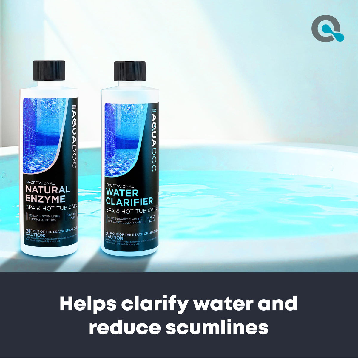 MAV AquaDoc spa clarifier bottle enhances filtration and reduces cloudiness in hot tubs.