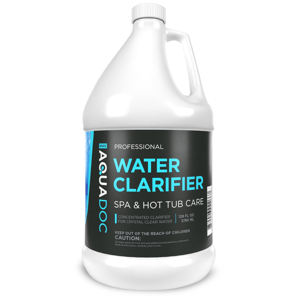 MAV AquaDoc Spa Clarifier bottle demonstrates fast hot tub clarity for clearer soaking.