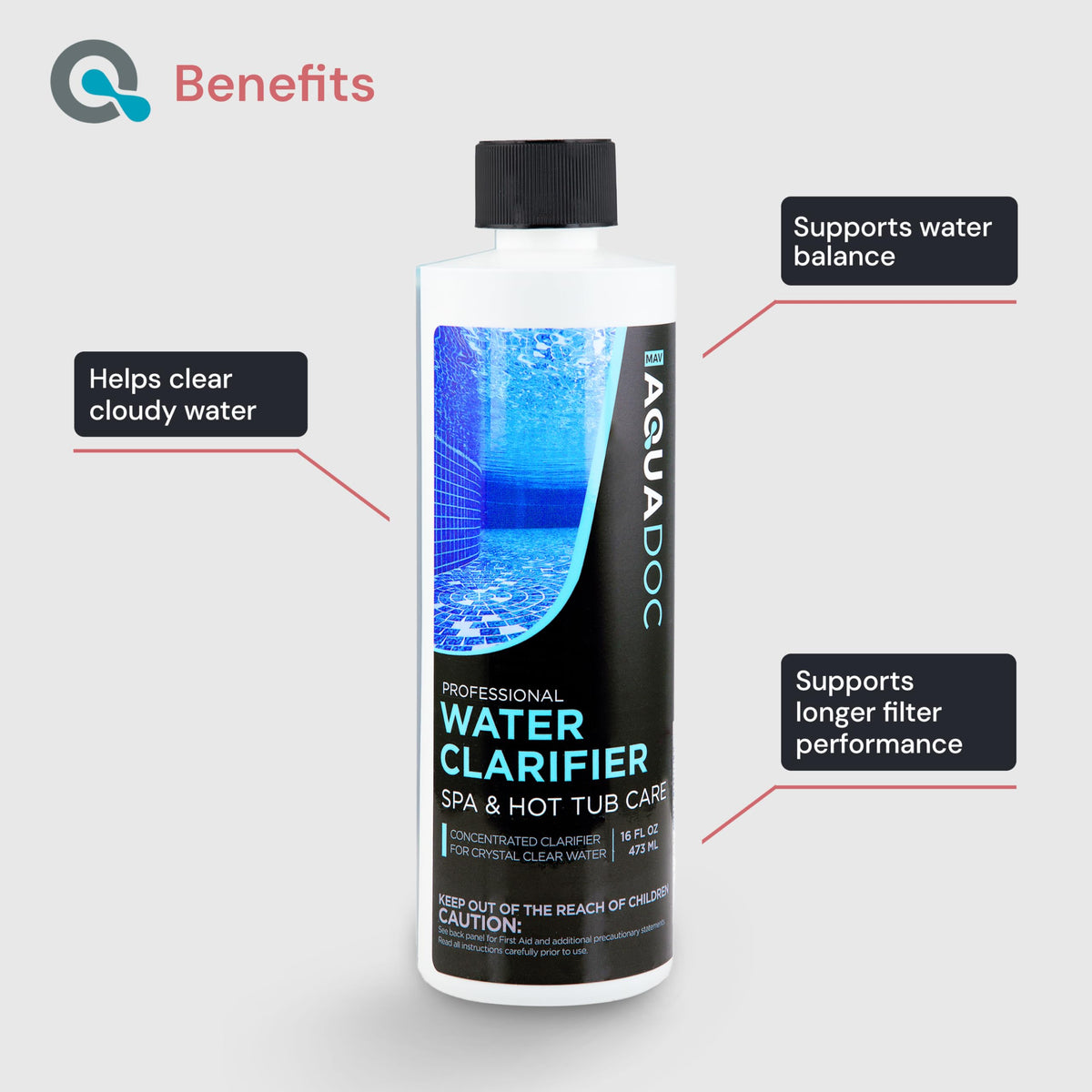 MAV AquaDoc spa clarifier label close-up highlighting quick water clarity.