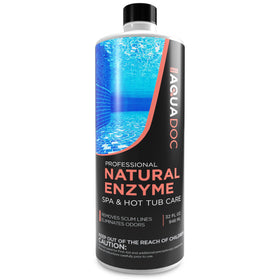 MAV AquaDoc spa enzyme bottle pour demonstrates simple dosing for clearer hot tub water.
