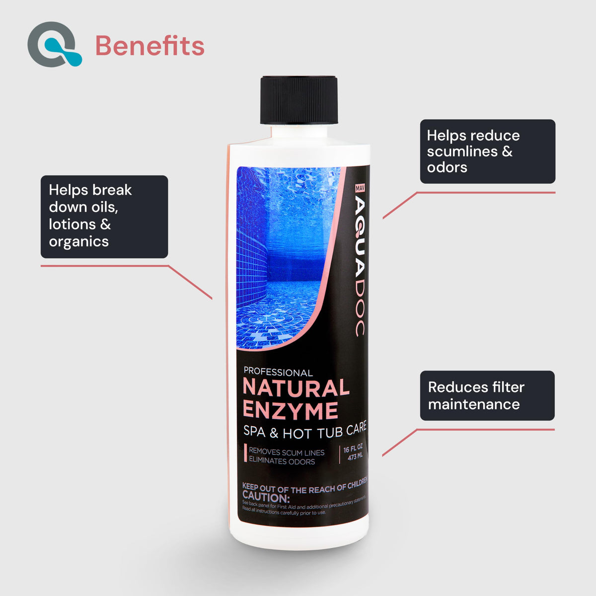 MAV AquaDoc enzyme cleaner label close-up shows safe, natural ingredients.