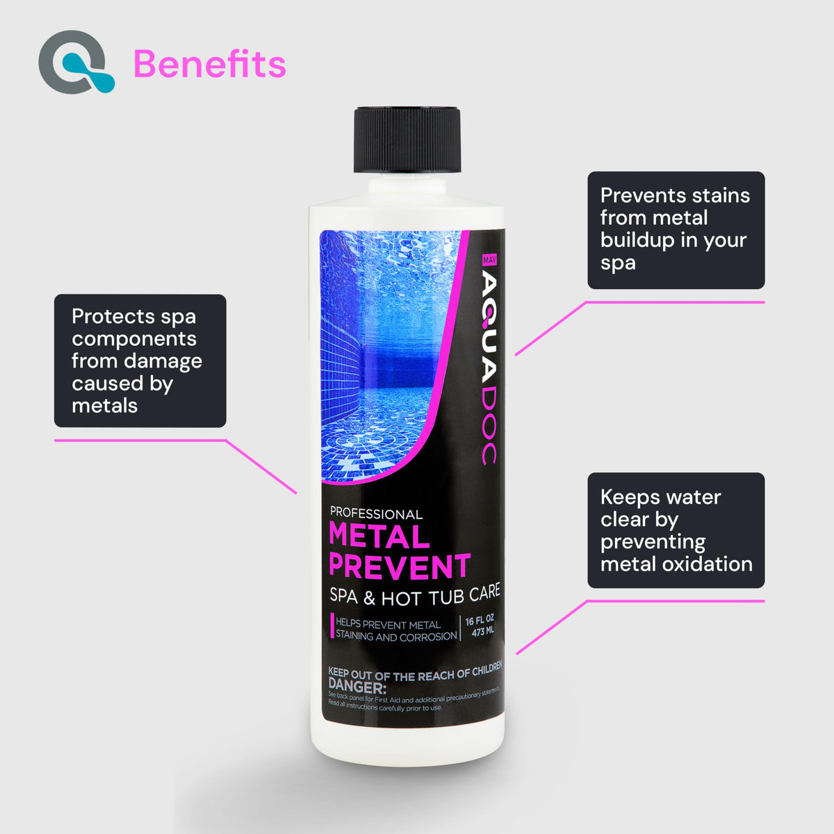 MAV AquaDoc Spa Metal Control bottle label close-up highlights USA-made formula.