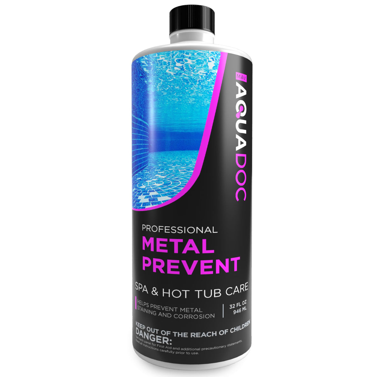 MAV AquaDoc Spa Metal Control bottle pours to prevent staining.