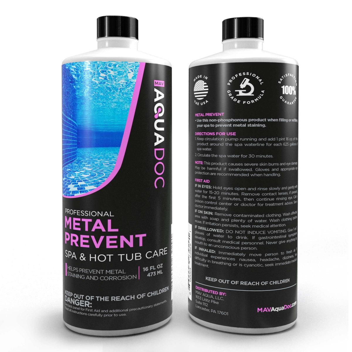 MAV AquaDoc Spa Metal Control packaging emphasizes American manufacturing.
