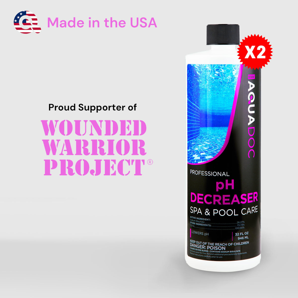 AquaDoc pH decreaser instruction-style image promotes safe, measured dosage for spa balance