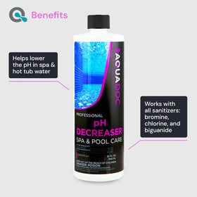 Close-up of MAV AquaDoc spa pH Decreaser label showing quality.