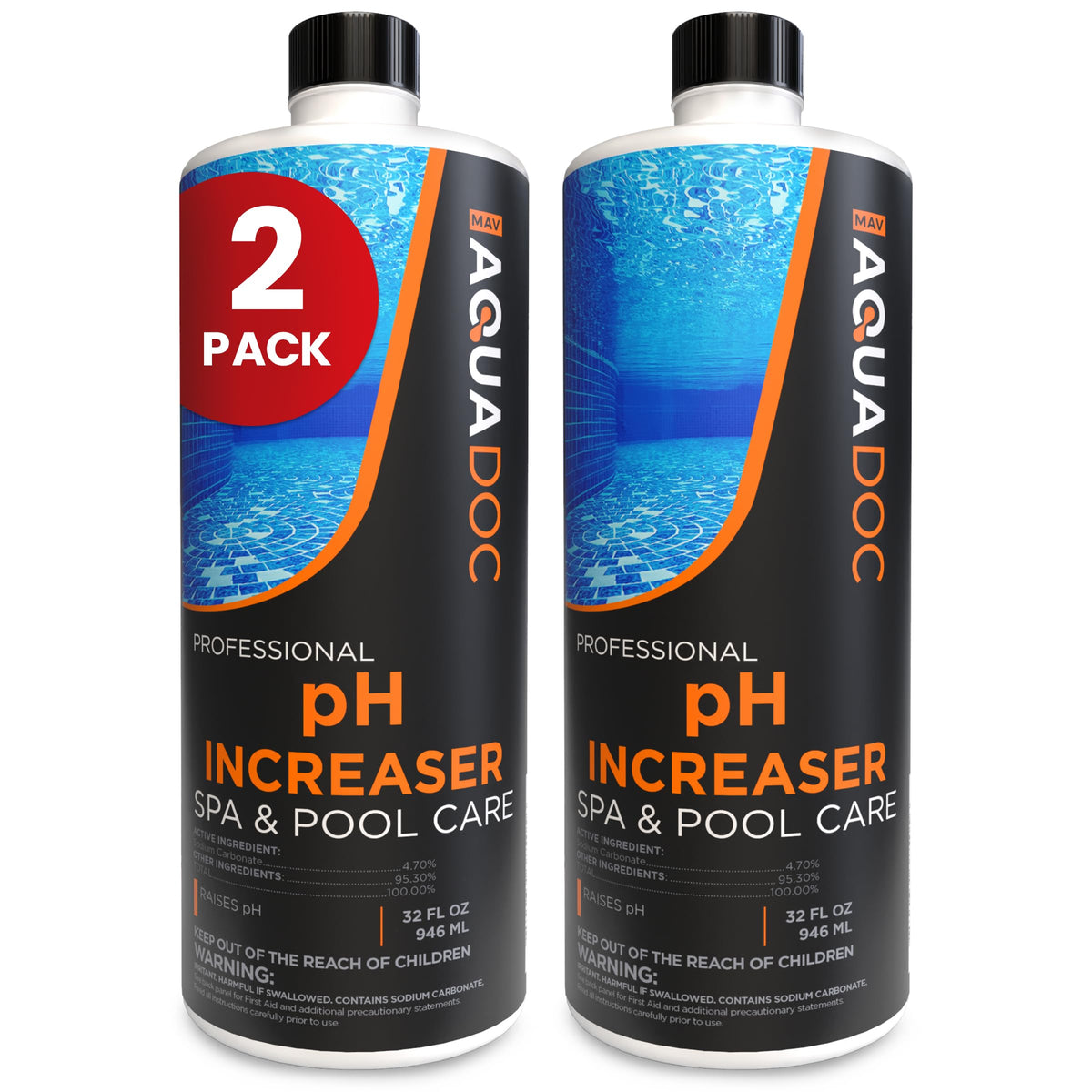 MAV AquaDoc spa pH increaser bottle closeup for a convenient two-pack solution.