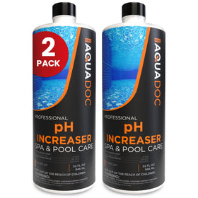 MAV AquaDoc spa pH increaser bottle closeup for a convenient two-pack solution.