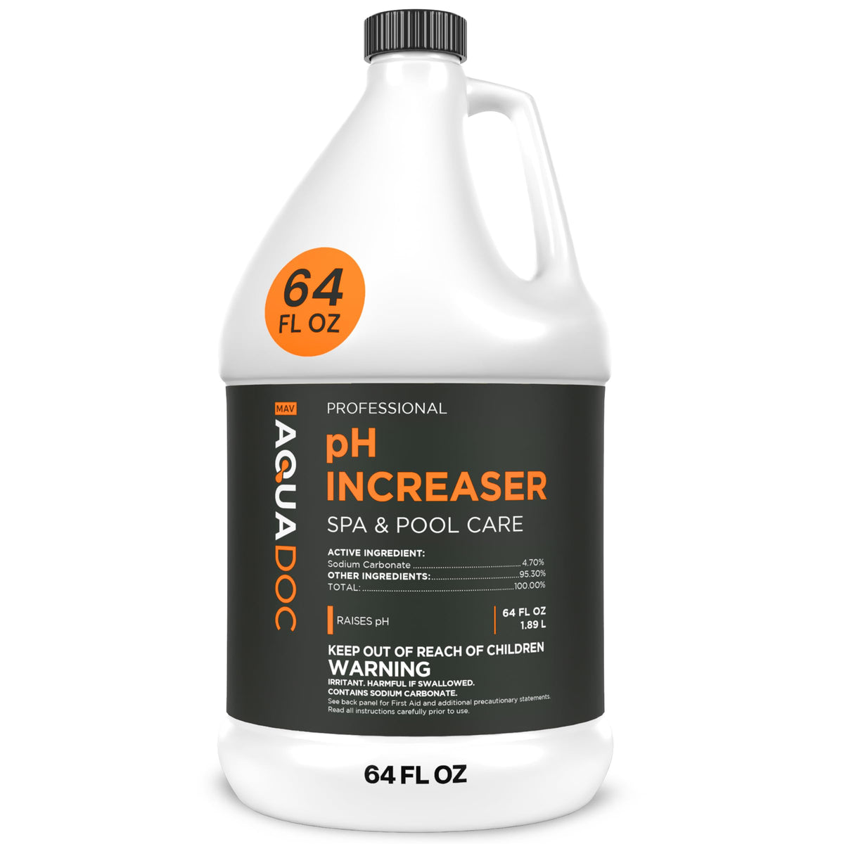 MAV AquaDoc Spa pH Increaser bottle pour shows easy dosing for balanced hot tub water.