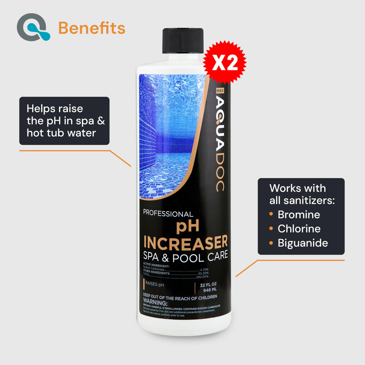MAV AquaDoc spa pH increaser bottle pour enables quick mixing in circulating water.