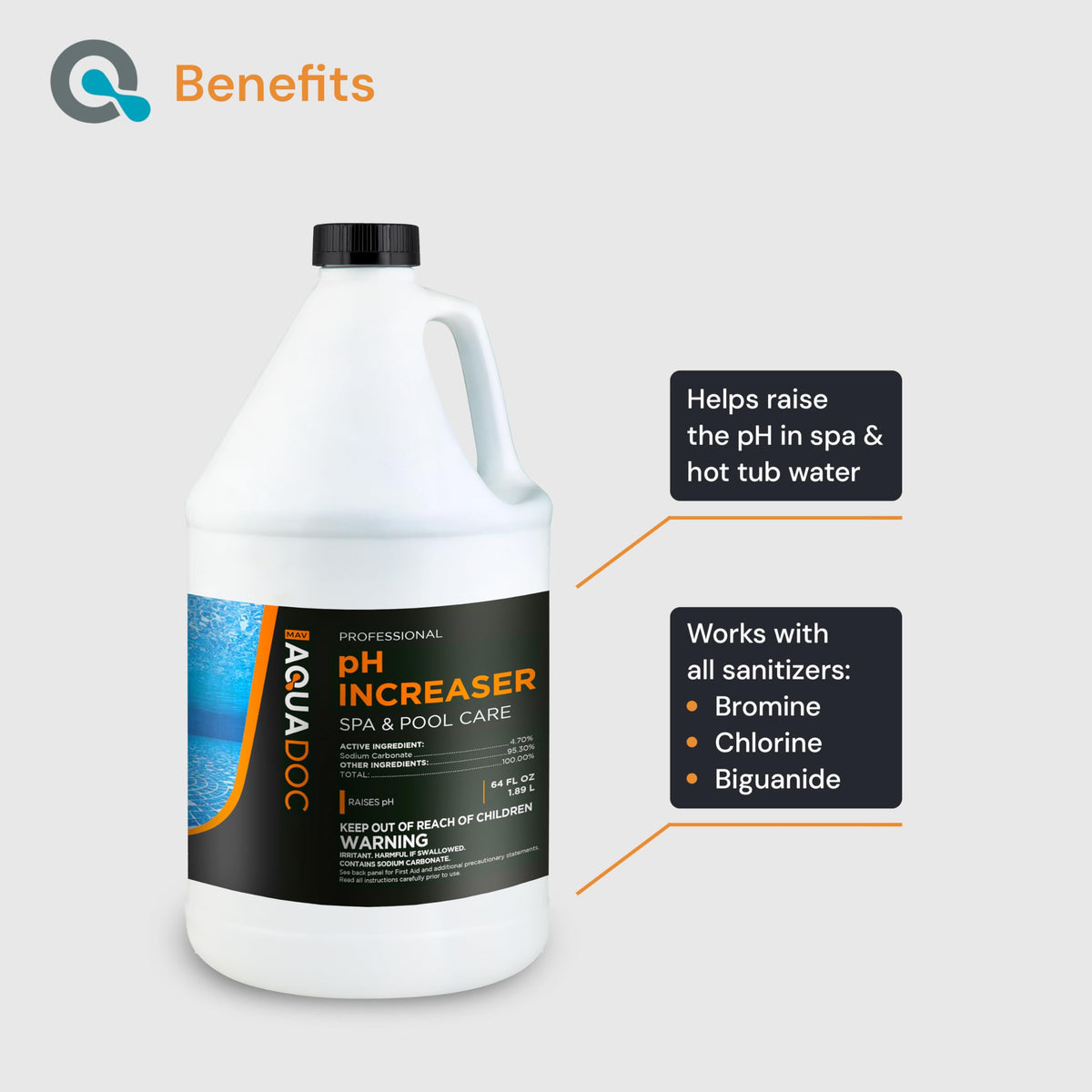 MAV AquaDoc Spa pH Increaser dosing spoon emphasizes precise measurement for stable spa chemistry.
