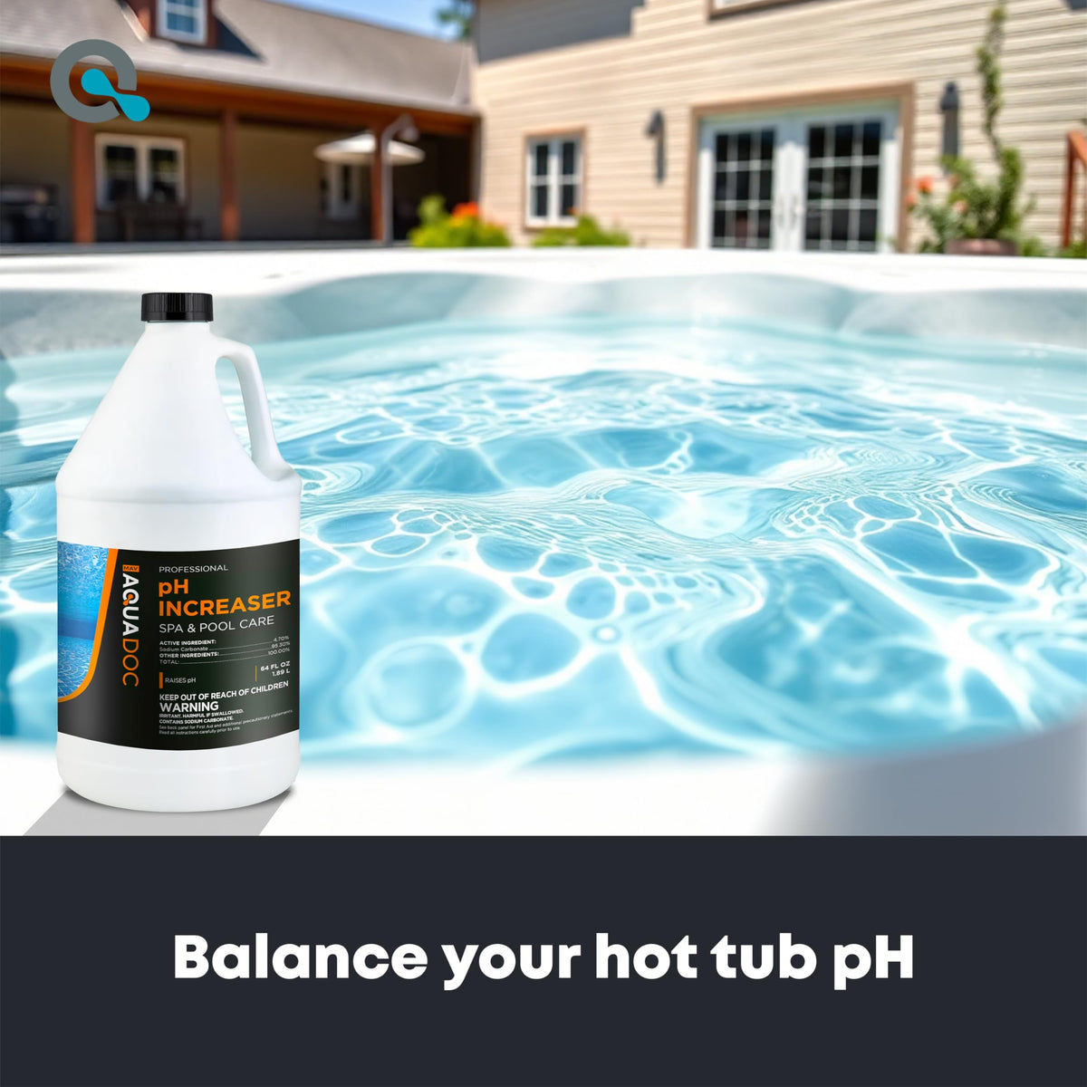 MAV AquaDoc Spa pH Increaser label closeup highlights USA-made quality and clear usage guidance.