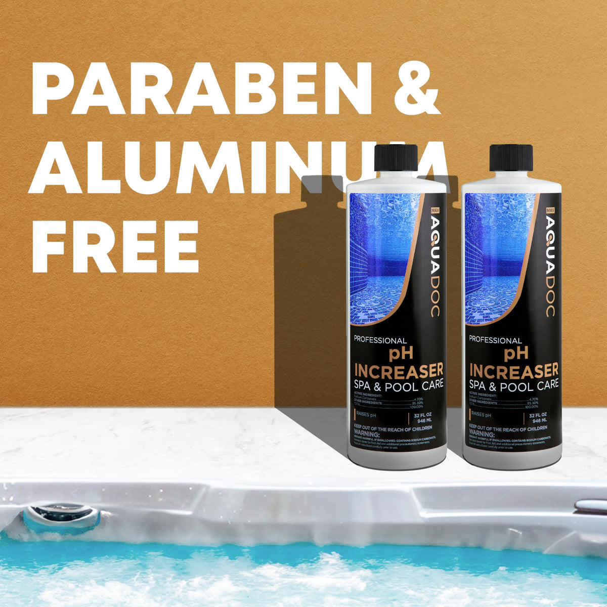 MAV AquaDoc 2-pack packaging emphasizes value and ready spa maintenance.