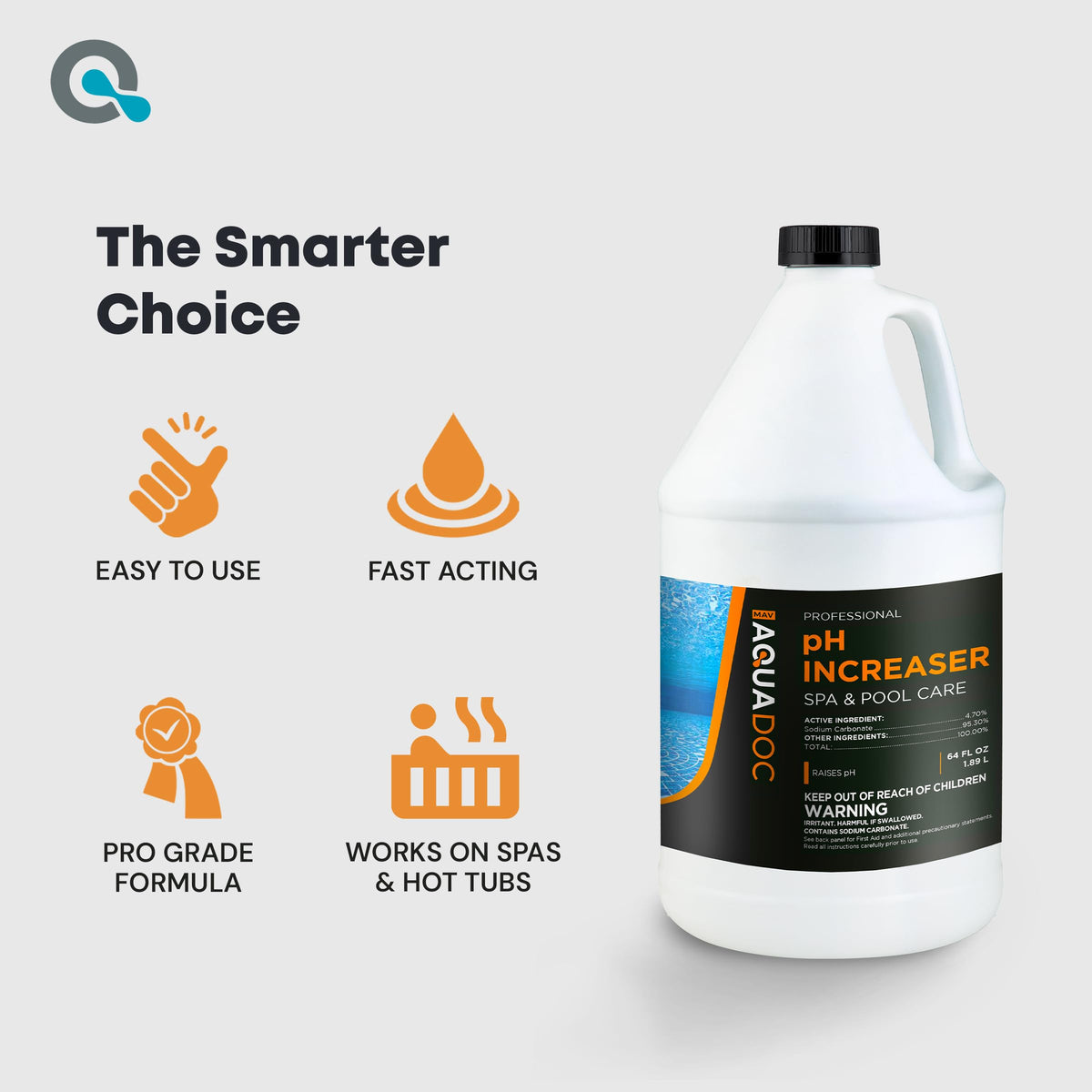MAV AquaDoc Spa pH Increaser product shot showcases a 64oz bottle ready for spa care.