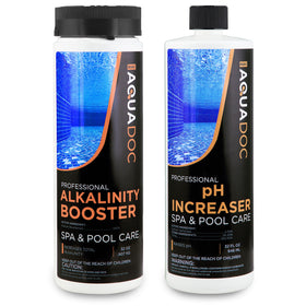 AquaDoc Spa pH Up bottle pours into hot tub water for balanced pH.