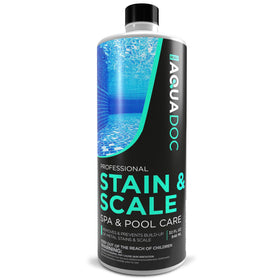 AquaDoc Spa Stain-Scale Control bottle shows professional-grade formula for hot tub deposits.