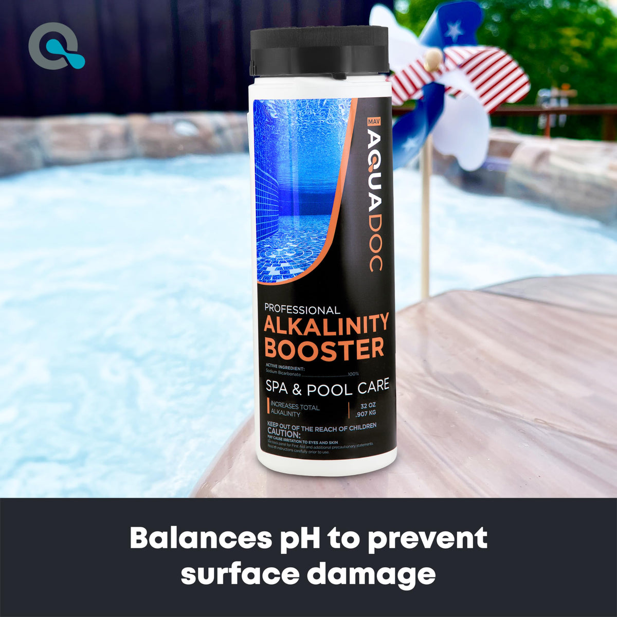 AquaDoc spa water-balancing scene showing stable pH balance