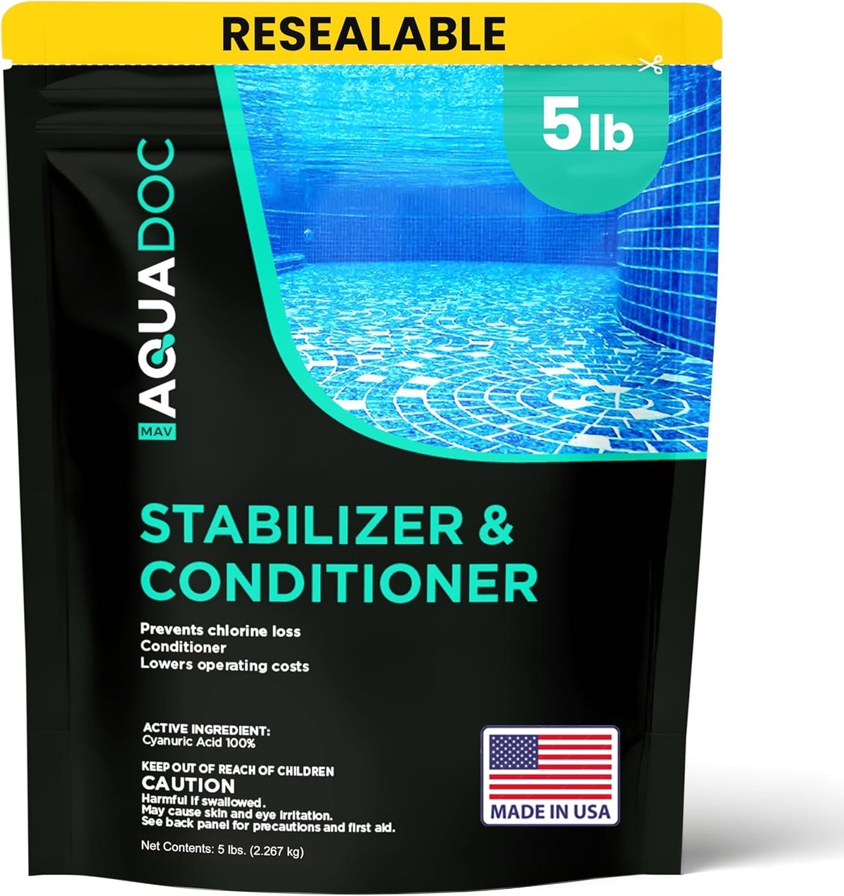 MAV AquaDoc stabilizer bottle pouring into pool water for protection.