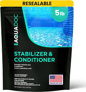 MAV AquaDoc stabilizer bottle pouring into pool water for protection.