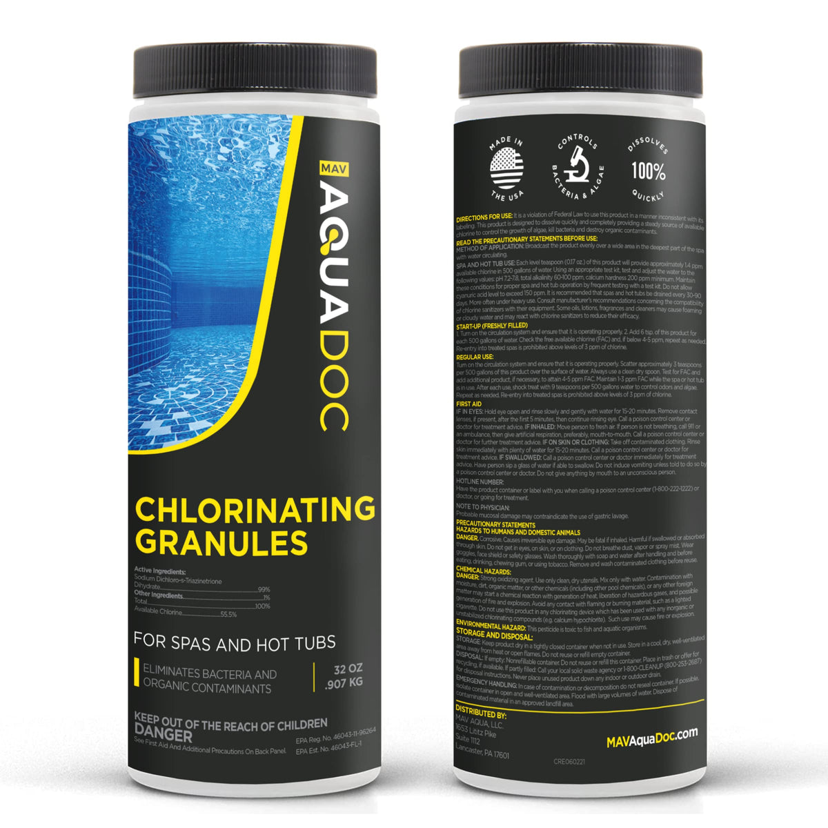 MAV AquaDoc USA-made spa chemical line banner signaling trusted American-made formulas