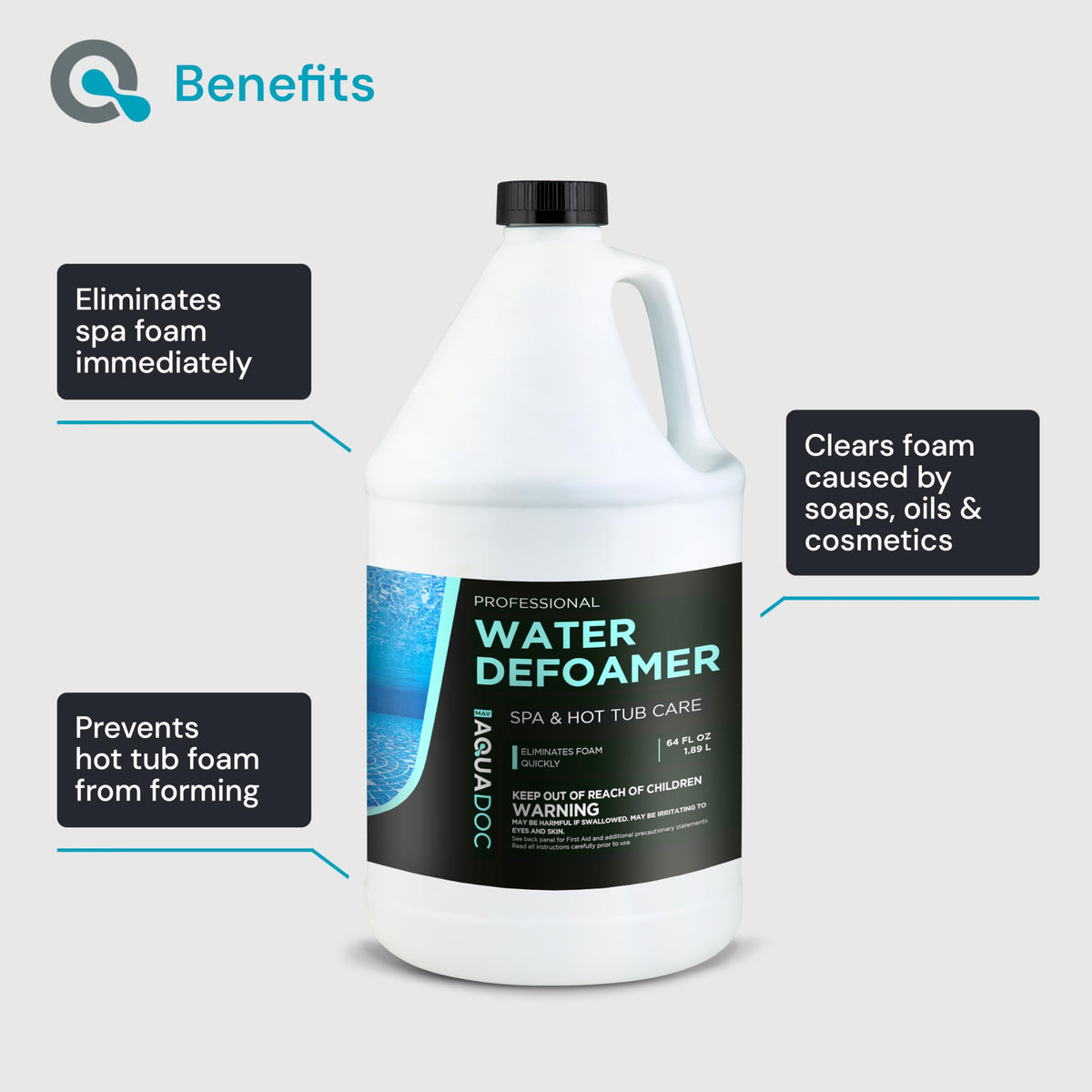 AquaDoc USA-made spa defoamer on a counter for foam control