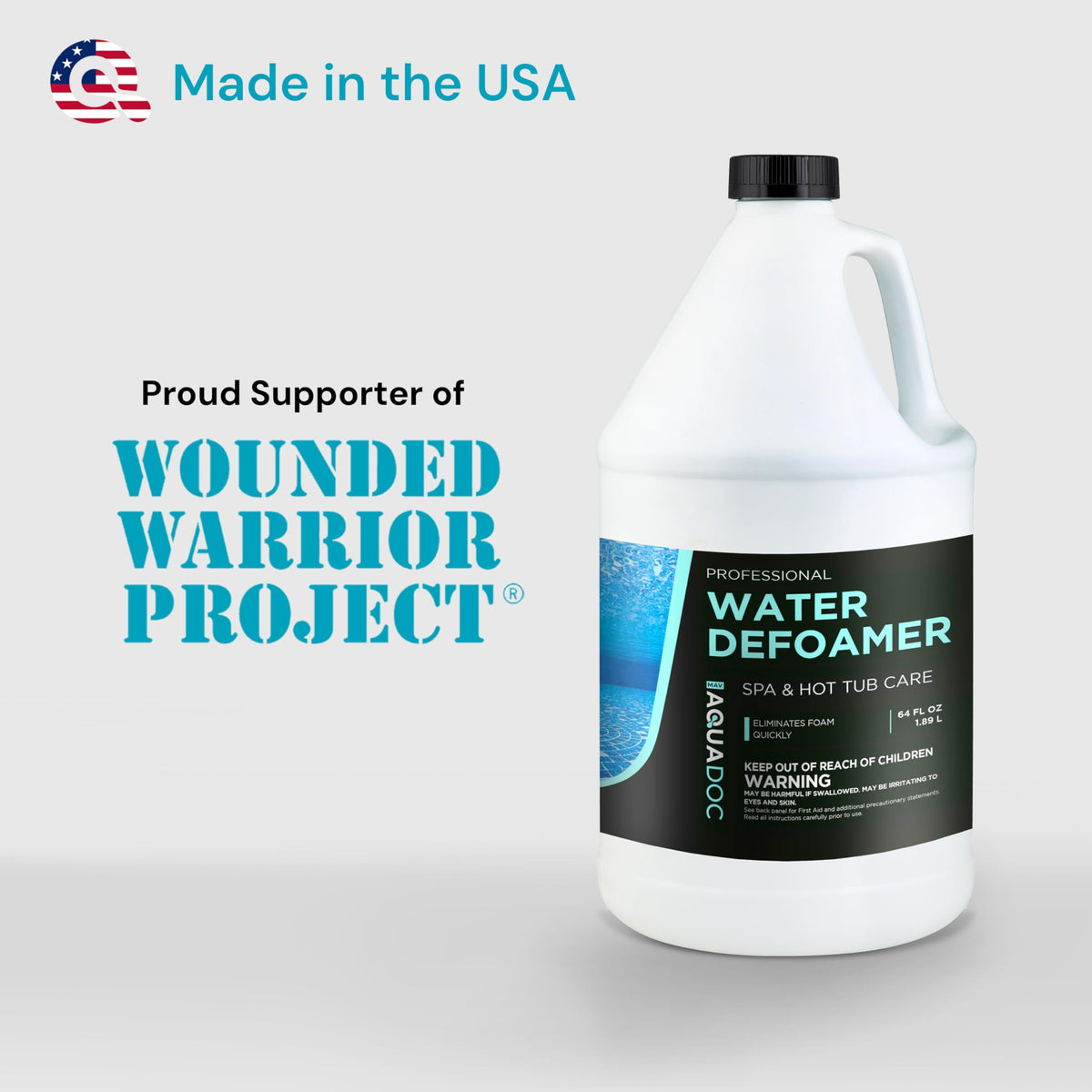 AquaDoc 64oz bottle in a well-lit setup for immediate foam relief