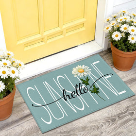 MAWKODX Hello Sunshine Daisy Doormat front view with cheerful spring florals welcoming guests