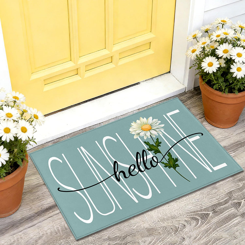 MAWKODX Hello Sunshine Daisy Doormat front view with cheerful spring florals welcoming guests