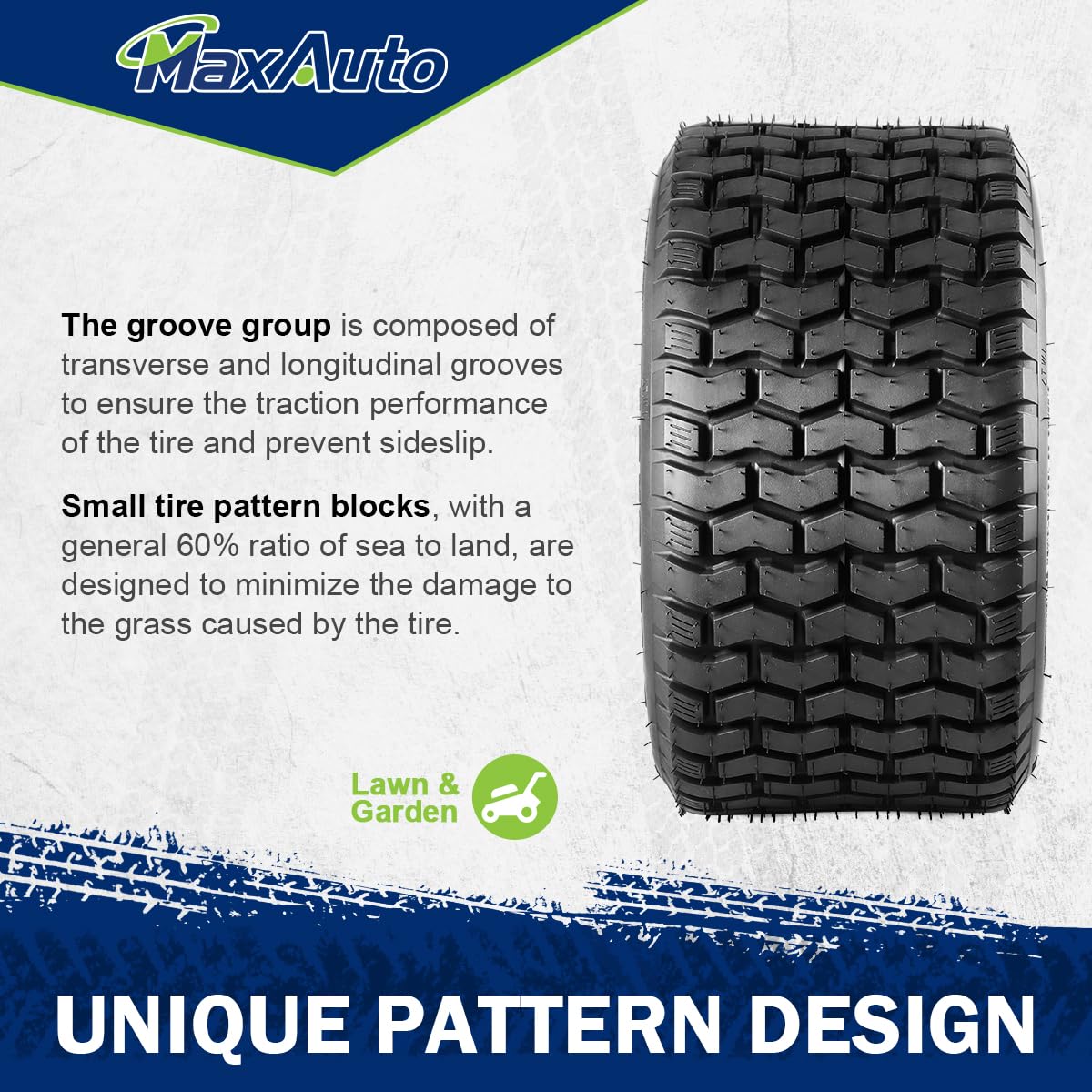MaxAuto 13x6-50-6 compatibility label indicates versatile fit for many mowers.