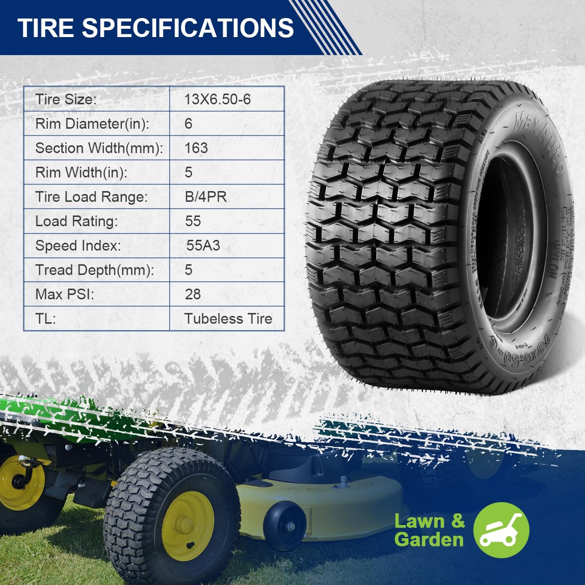 MaxAuto 13x6-50-6 package included view shows two tires for replacement.