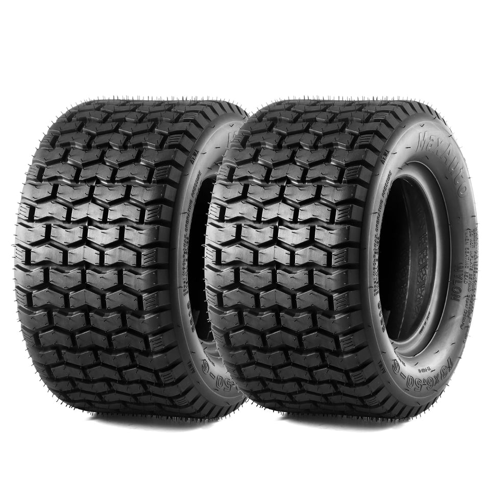 MaxAuto 13x6-50-6 side view demonstrates turf-friendly traction for lawn tractors.