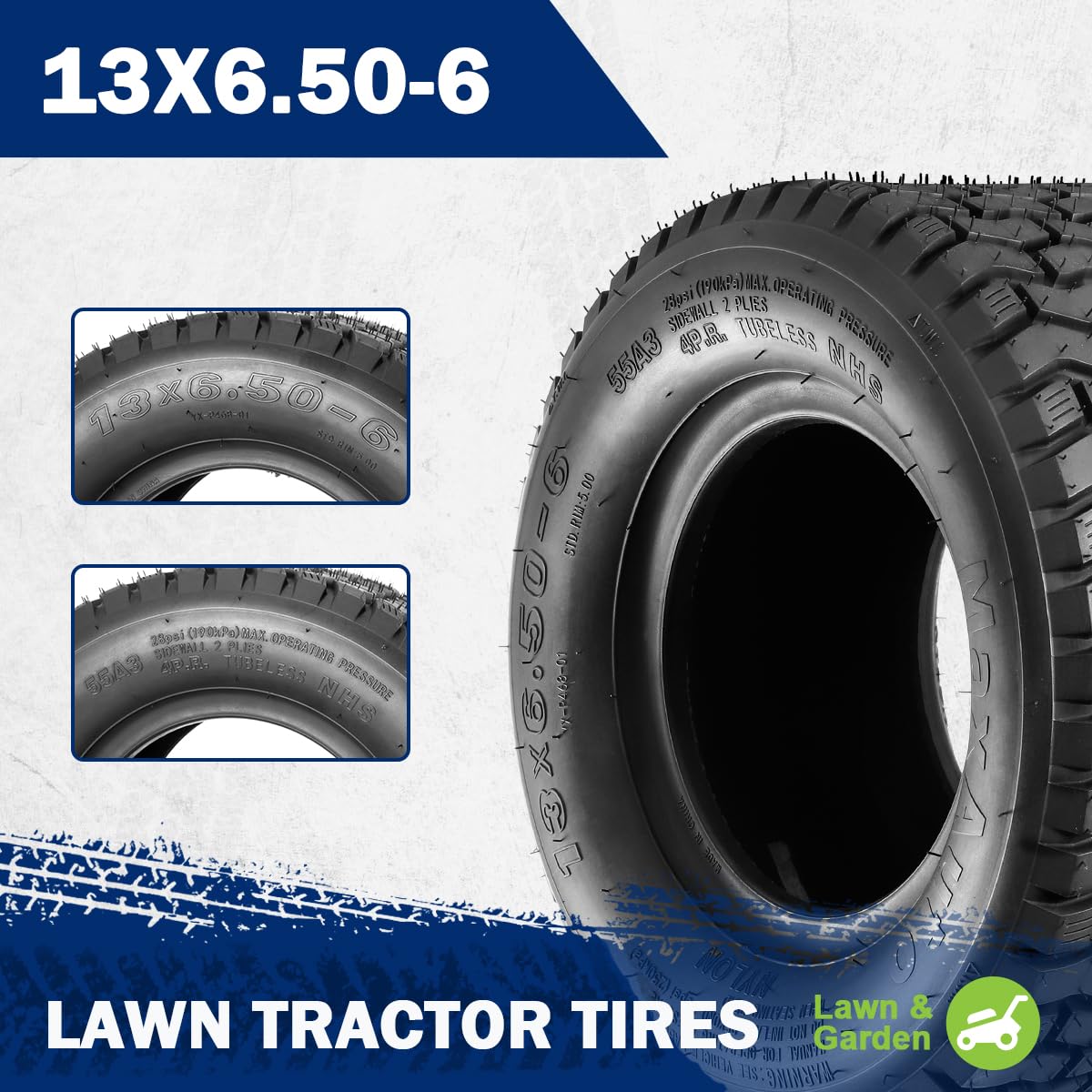 MaxAuto 13x6-50-6 tread closeup highlights chevron pattern for lawn protection.