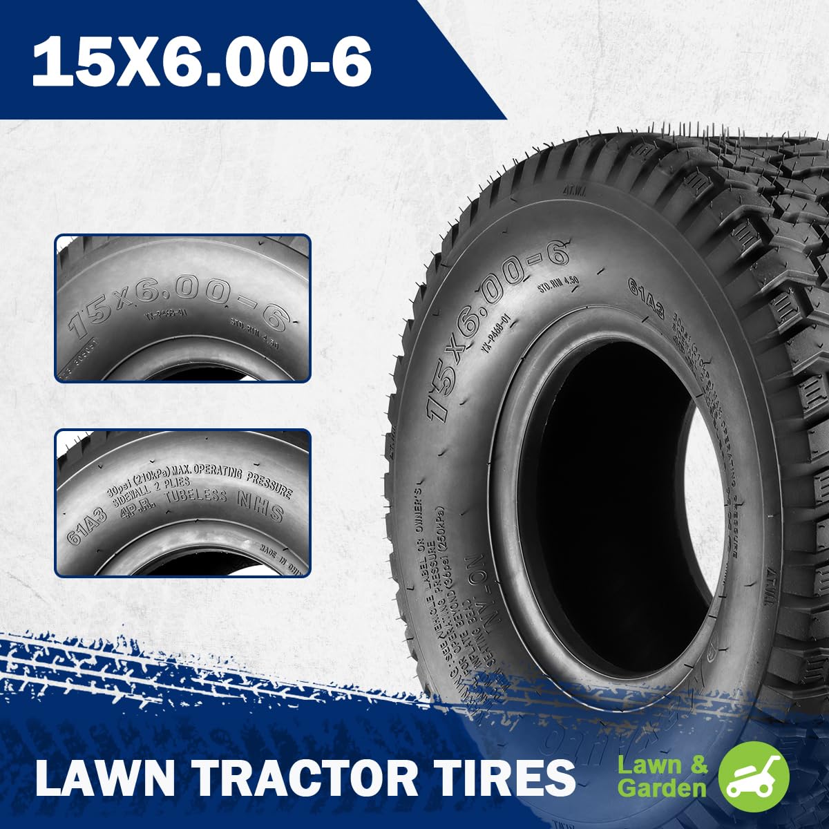 MaxAuto 15x6-6 side view shows rugged construction for turf surfaces.