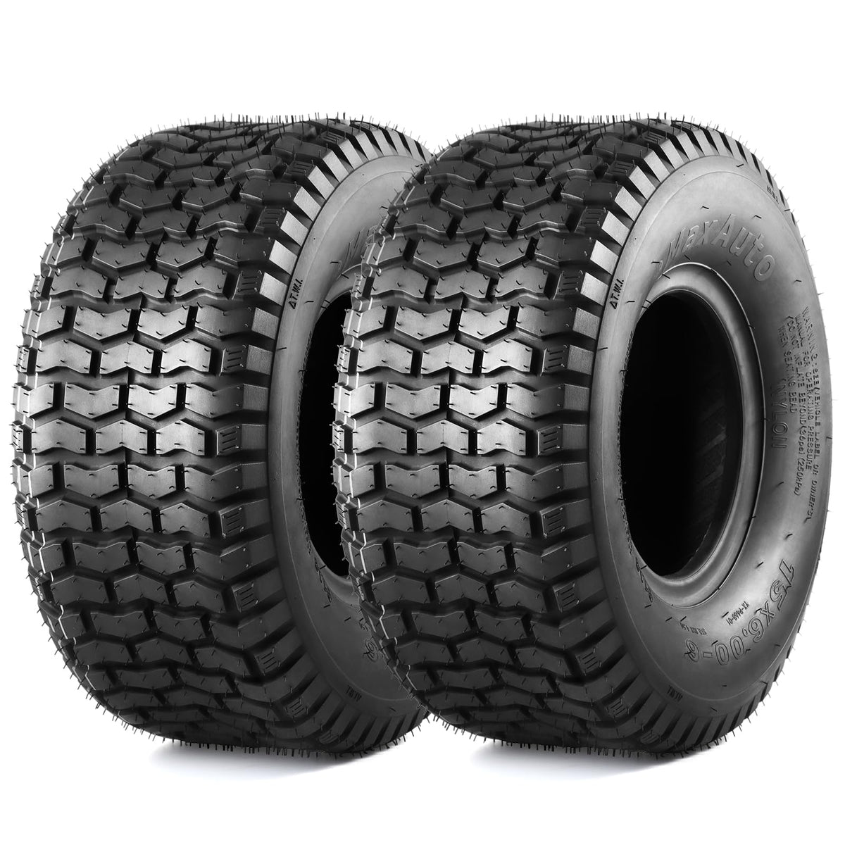 MaxAuto 15x6-6 tire tread pattern highlights grip and stability on uneven lawns.