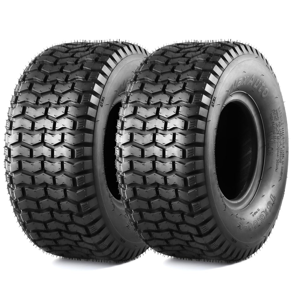 MaxAuto 15x6-6 tire tread pattern highlights grip and stability on uneven lawns.