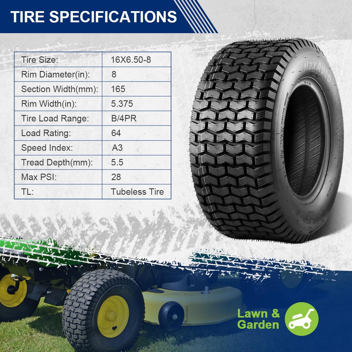 MaxAuto lawn mower tire 16x6.50-8 assembled for tubeless reliability.