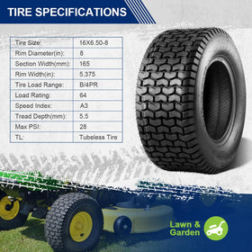 MaxAuto lawn mower tire 16x6.50-8 assembled for tubeless reliability.