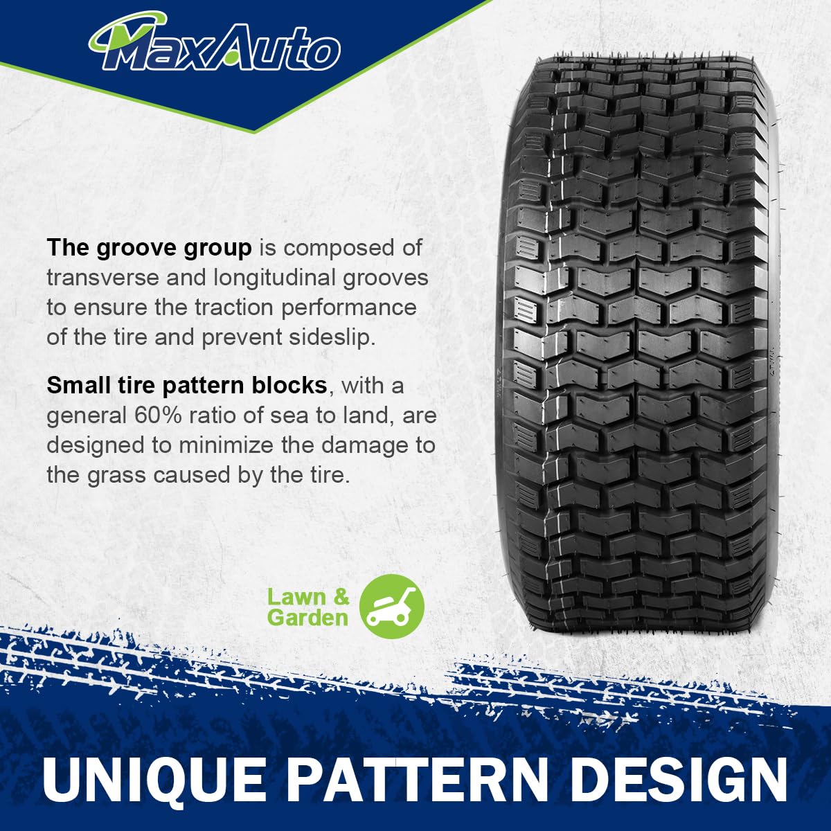 MaxAuto 16x6.50-8 tubeless tire profile for riding mowers.
