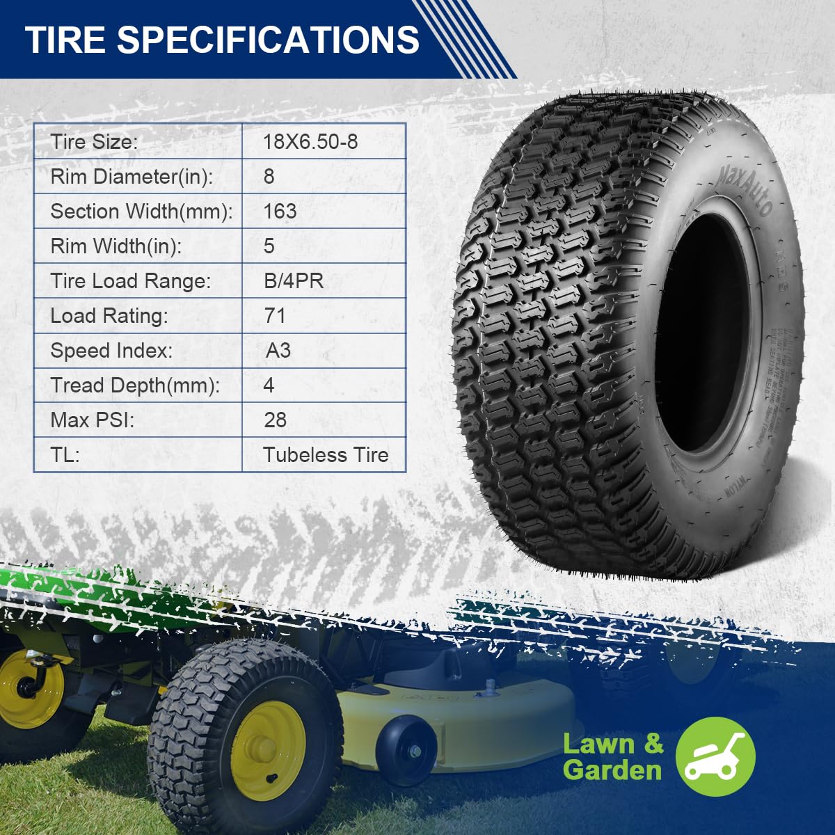 MaxAuto Turf Saver 18x6.50-8 on lawn mower demonstrates versatile fitment.