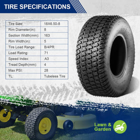 MaxAuto Turf Saver 18x6.50-8 on lawn mower demonstrates versatile fitment.
