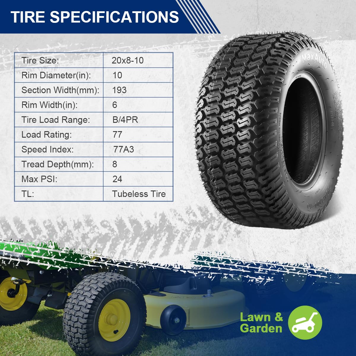 MaxAuto Turf Saver 20x8-10 lug traction emphasizes grip on uneven turf