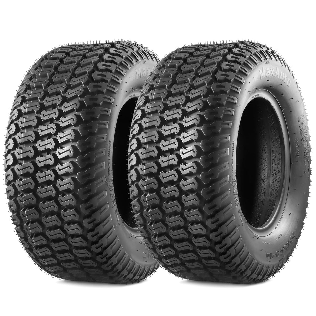 MaxAuto Turf Saver 20x8-10 side view shows rugged 4-ply tubeless tire for lawn care