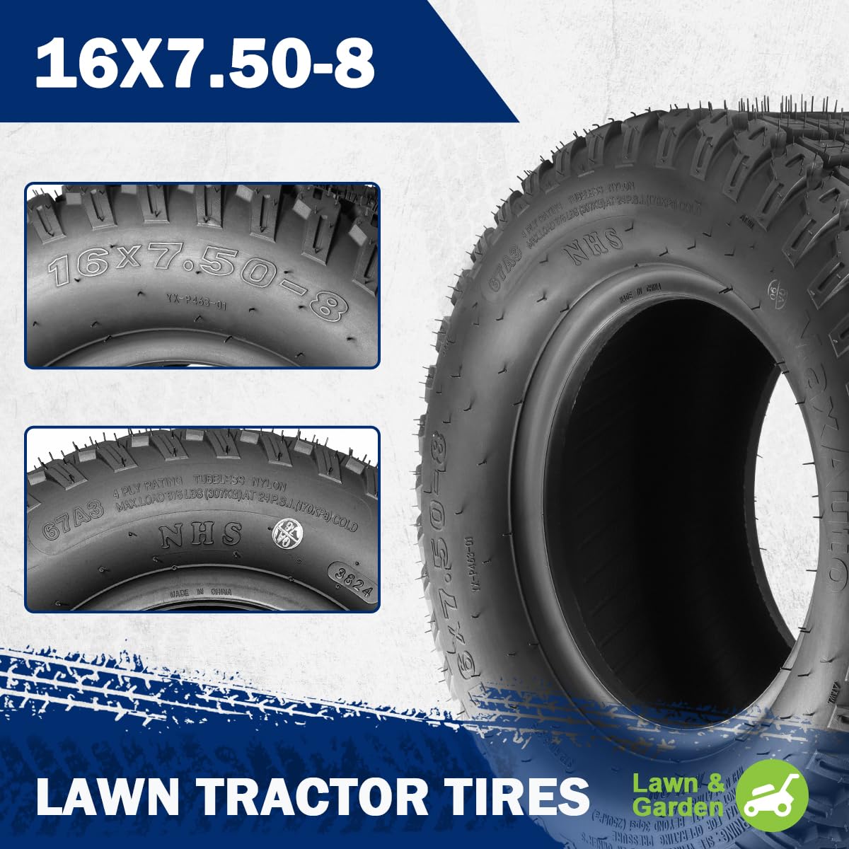 MaxAuto Turf Saver tire side profile highlighting rugged sidewall and non-highway design.
